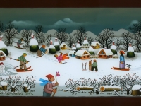 Josip Generalić, 2004, Zima sa skijašima (Winter with skiers), ulje na staklu (oil on glass), 23x38 cm