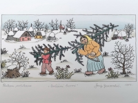 Josip Generalić, 1984, Božićni borovi (Christmas trees), oslikani svilotisak (watercoloured silkscreen), 26x39 cm 16x33 cm, JG-L58-04(2) - 150 eur