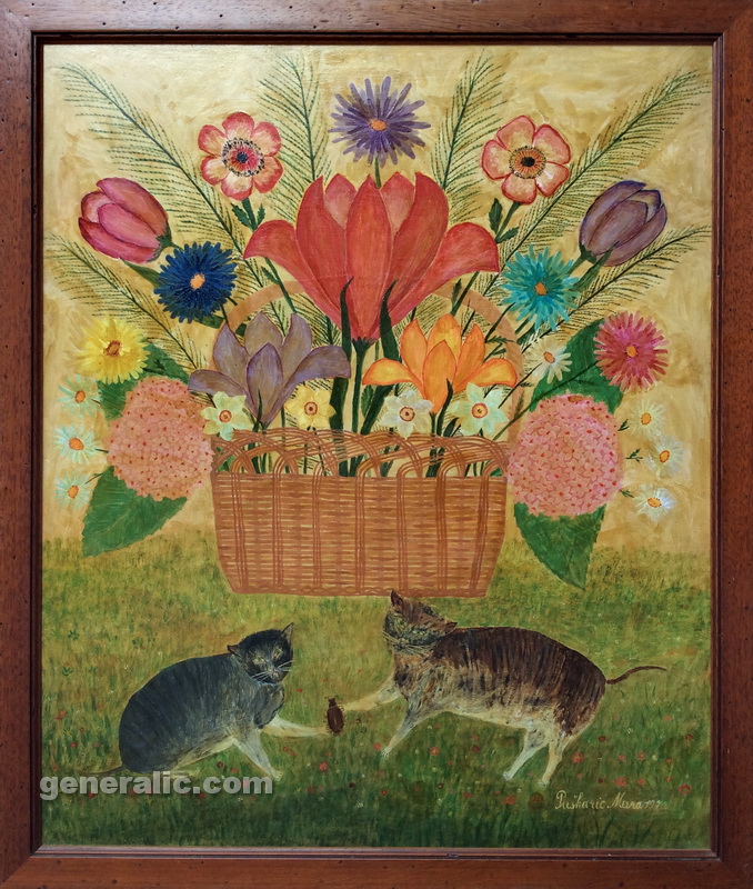 Mara Puskaric, 1970, Flowers with cats, oil on chipboard, 61x51 cm - 2000 eur