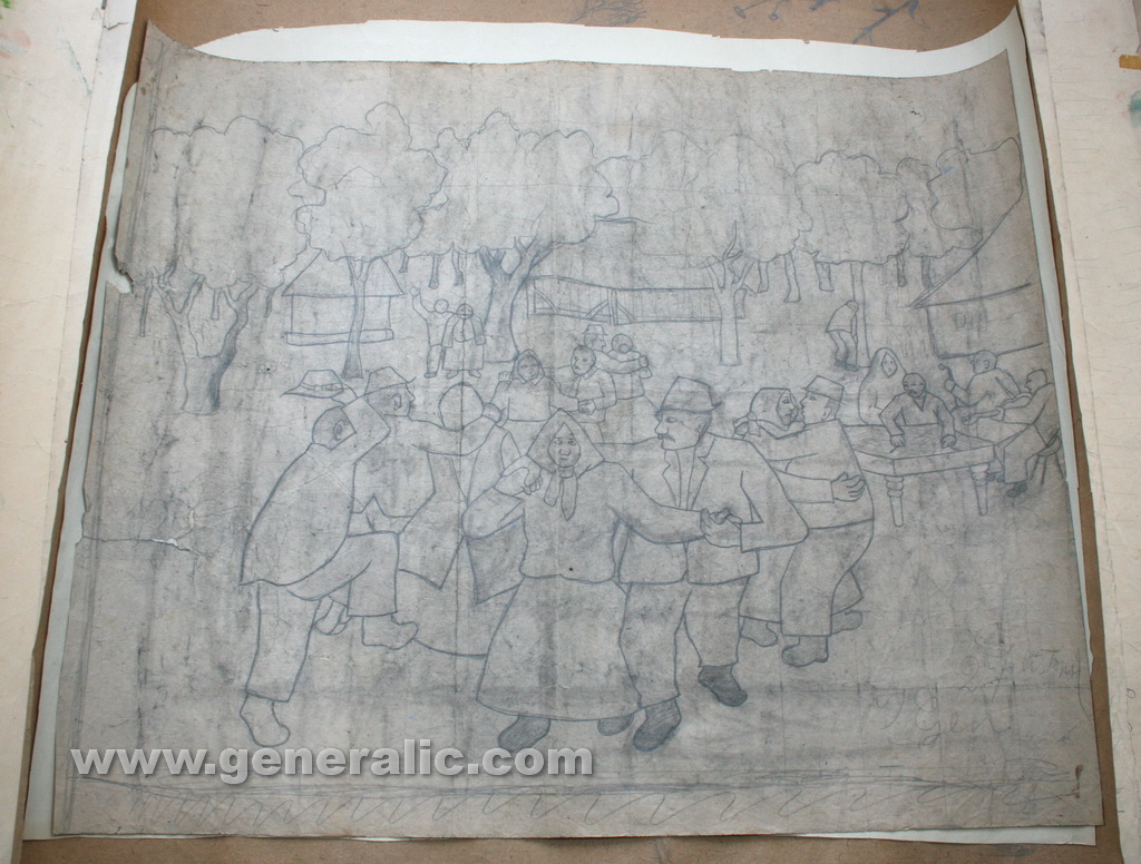 Ivan Generalic, A party, drawing, 74x90 cm