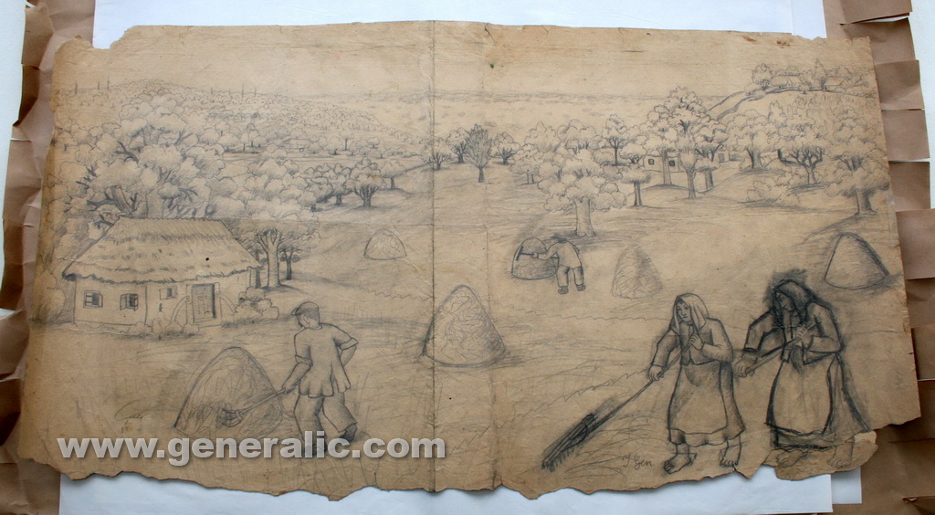 Ivan Generalic, Gathering the hay, drawing, 62x114 cm