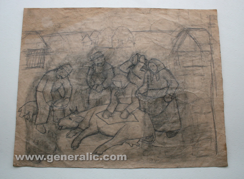 Ivan Generalic, Helping the cow, drawing, 51x64 cm