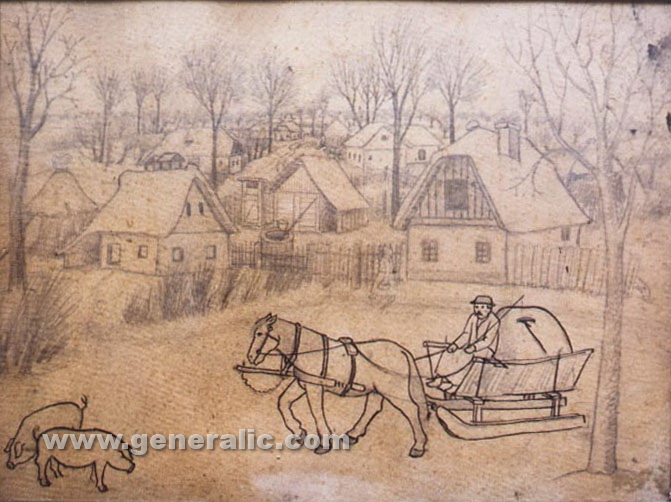 Ivan Generalic, paper with two drawings - Horse pulling wagon, 31x41 cm