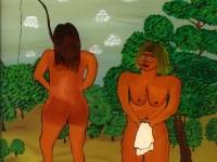 Drazen Tetec, 1992, oil on glass, Naked swimmers, 30x19 cm