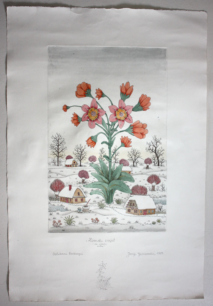 Josip Generalic, JG-A01-01 (Last one), Winter flower with willows, our biggest water-coloured etching, 79x52 cm 49x31 cm, 1989 - 1.000 eur