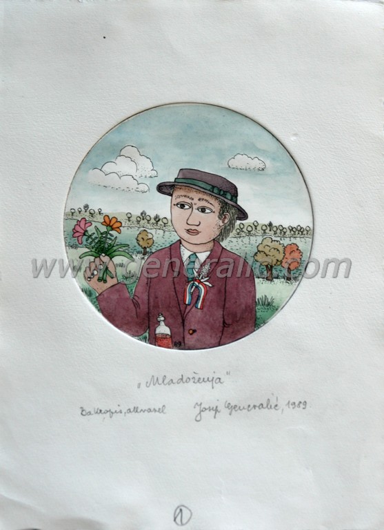 Josip Generalic, JG-E05-01 (Last one), A groom, water-coloured etching, 27x20 cm Ø 12,5 cm, 1989 - 400 eur