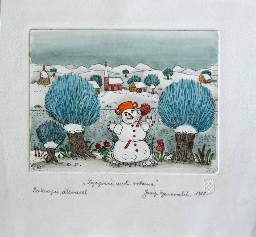 Josip Generalic, JG-E08-01 (Last one), Snowman between willows, water-coloured etching, 20x21 cm 11x15 cm, 1989 - 500 eur