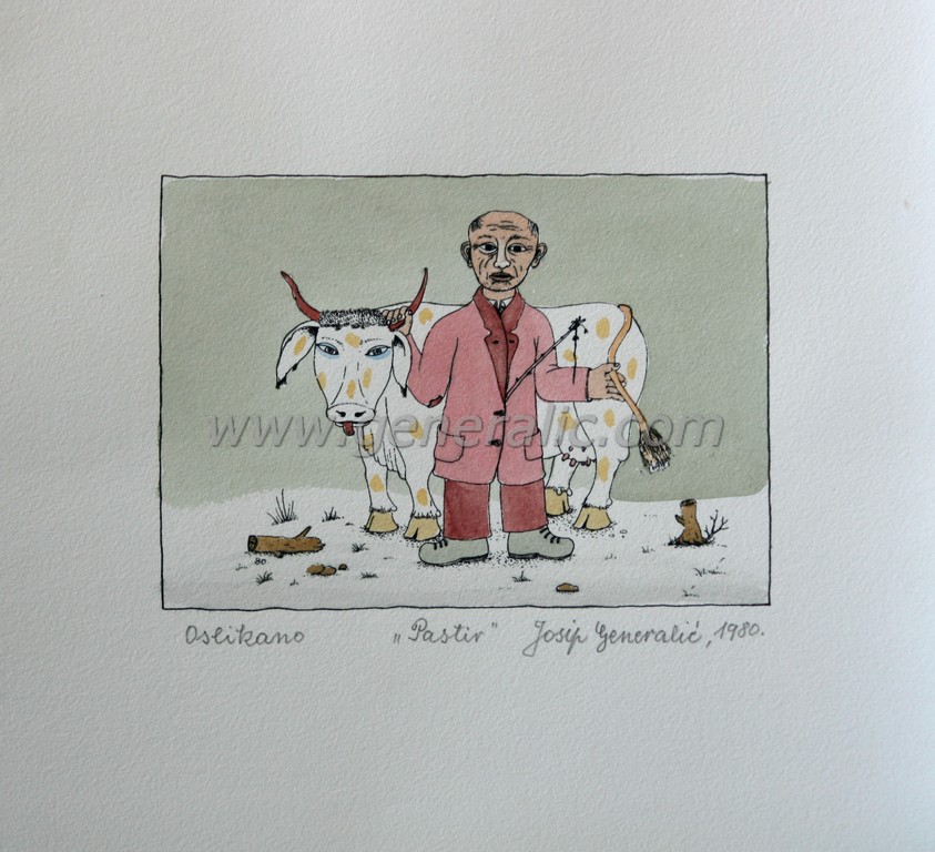 Josip Generalic, JG-N05-02(10), Shepherd, water-coloured silkscreen, 23x25 cm 11x16 cm, 1980 - 200 eur