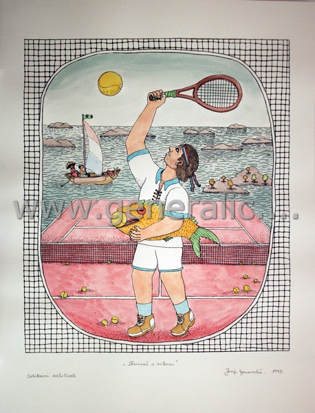 Josip Generalic, JG-J04-01(6), Tennis player with a fish, water-coloured silkscreen, 65x50 cm 49x42 cm, 1993 - 500 eur