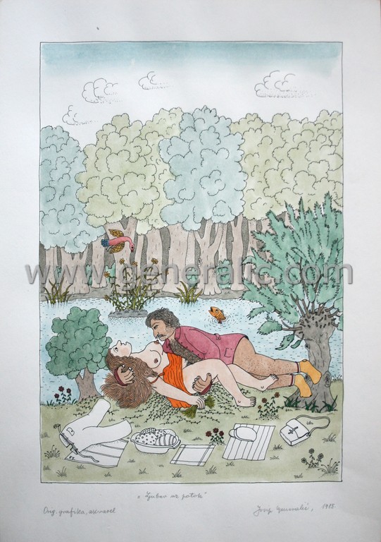 Josip Generalic, JG-L20-01(5), Love by the brook, water-coloured silkscreen, 50x35 cm 40x27 cm, 1985 - 300 eur