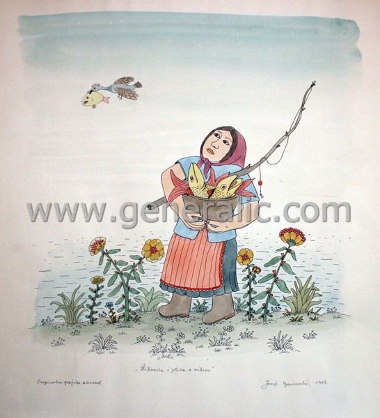 Josip Generalic, JG-L33-01(2), Woman and bird with a fish, water-coloured silkscreen, 52x47 cm, 1987 - 500 eur