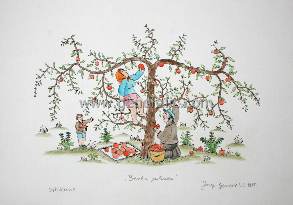 Josip Generalic, JG-L57-02(2), Picking the apples, water-coloured silkscreen, 32x45 cm 32x45 cm, 1985 - 200 eur