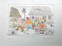 Josip Generalić, 1966, Zabava u dvorištu (Backyard party), oslikani svilotisak (water-coloured silkscreen), 39x54 cm 26x37 cm, JG-L46-01(7) - 300 eur