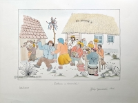 Josip Generalić, 1966, JG-L46-20(Z), Backyard party, water-coloured silkscreen, 39x54 cm 26x37 cm - 300 eur