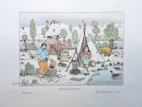 Josip Generalić, 1968, JG-L27-08(13), Piknik - Povratak prirodi (Picnic - Return to nature), oslikani svilotisak (water-coloured silkscreen), 39x53 cm 26x37 cm - 300 eur