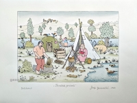 Josip Generalić, 1968, JG-L27-18(6), Piknik - Povratak prirodi (Picnic - Return to nature), oslikani svilotisak (water-coloured silkscreen), 39x53 cm 26x37 cm - 300 eur