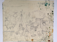 Josip Generalić, 1968, Piknik – Povratak prirodi (Picnic – Back to nature), olovka na papiru (pencil on paper), 48×59 cm – 200 eur
