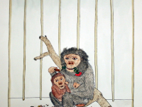 Josip Generalić, 1981, Češljanje majmunčića (Combing a monkey), oslikani svilotisak (water-coloured silkscreen), 47x33 cm 44x30 cm, JG-K02-01(14) - 300 eur