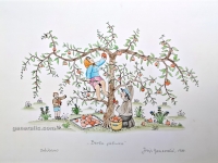 Josip Generalić, 1985, JG-L57-00(Z), Picking the apples, water-coloured silkscreen, 32x45 cm - 200 eur