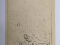 Josip Generalić, 1985, Ljubav uz potok (Love by the brook), olovka na papiru (pencil on paper), 58x36 cm – 200 eur