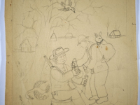 Josip Generalić, 1985, Lovci odmaraju (Hunters are resting), olovka na papiru (pencil on paper), 36x24 cm - 200 eur
