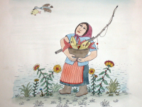 Josip Generalić, 1987, Ribarica i ptica s ribom (Woman and bird with a fish), oslikani svilotisak (water-coloured silkscreen), 52x47 cm, JG-L33-01(2) - 500 eur
