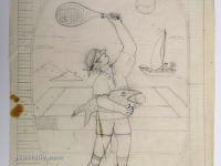 Josip Generalić, 1993, Tenisač s ribom (Tennis player with a fish), olovka na papiru (pencil on paper), 61×51 cm – 200 eur