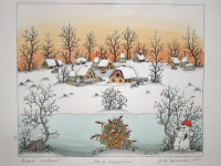 Josip Generalić, 1985, Selo sa snjegovićem (Village with a snowman), oslikani svilotisak (water-coloured silkscreen), 45x52 cm 32x39 cm, JG-K08-01(2) - 600 eur
