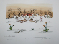 Josip Generalić, 1990, Zimsko jutro (Winter morning), oslikani svilotisak (water-coloured silkscreen), 49,5x58 cm 33x45 cm, JG-K10-03(2) - 600 eur