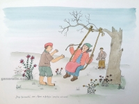 Josip Generalić, 1980, Djeca se ljuljaju (Children are swinging), oslikani svilotisak (water-coloured silkscreen), 34x48 cm, JG-L07-01(10) - 300 eur