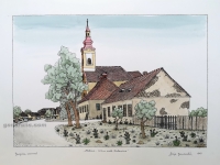 Josip Generalić, 1987, Hlebine - Crkva sv Katarine (Hlebine - Church of St Catherine), oslikani svilotisak (water-coloured silkscreen), 36x51 cm 28x42 cm, JG-L10-03(16) - 400 eur
