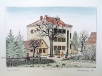 Josip Generalić, 1987, Hlebine - Osnovna škola (Hlebine - Elementary school), oslikani svilotisak (water-coloured silkscreen), 36x51 cm 28x42 cm, JG-L11-01 (Last one) - 400 eur