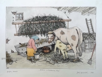 Josip Generalić, 1987, Hlebine - Barberov's barn (Hlebine - Barberova štala), oslikani svilotisak (water-coloured silkscreen), 36x51 cm 28x42 cm, JG-L12-02(10) - 400 eur