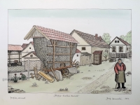 Josip Generalić, 1987, Hlebine - Vasilev's backyard (Hlebine - Vasilevo dvorište), oslikani svilotisak (water-coloured silkscreen), 36x51 cm 29x42 cm, JG-L13-02(16) - 400 eur