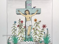 Josip Generalić, 1991, Isus na križu (Jesus on a cross), oslikani svilotisak (water-coloured silkscreen), 50x35 cm 35x26 cm, JG-L14-01(5) - 200 eur