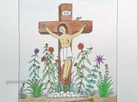 Josip Generalić, 1991, Isus na križu (Jesus on a cross), oslikani svilotisak (water-coloured silkscreen), 52x37 cm 34x26 cm, JG-L14-02(5) - 200 eur