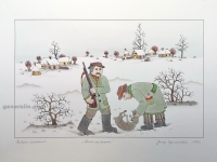 Josip Generalić, 1980, Lovci sa zecom (Hunters with a rabbit), oslikani svilotisak (water-coloured silkscreen), 38x53 cm 27x43 cm, JG-L19-01(8) - 300 eur