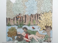 Josip Generalić, 1985, Ljubav uz potok (Love by the brook), oslikani svilotisak (water-coloured silkscreen), 50x35 cm 40x27 cm, JG-L20-03(2) - 300 eur