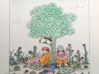 Josip Generalić, 1986, Pod šljivom (Under a plum tree), oslikani svilotisak (watercoloured silkscreen), 50x35 cm 40x28 cm, JG-L28-01(4) - 400 eur