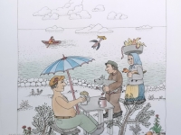Josip Generalić, 1985, Poklonstvo kraljeva (Enjoying the seaside), oslikani svilotisak (water-coloured silkscreen), 50x34 cm 38x27 cm, JG-L29-03(9) - 200 eur