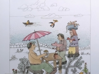 Josip Generalić, 1985, Poklonstvo kraljeva (Enjoying the seaside), oslikani svilotisak (water-coloured silkscreen), 50x34 cm 38x27 cm, JG-L29-04(8) - 200 eur