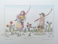Josip Generalić, 1985, Ribarica i ribič (Fisherman with woman), oslikani svilotisak (water-coloured silkscreen), 34x49 cm, JG-L34-10(5) - 400 eur