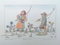 Josip Generalić, 1985, Ribarica i ribič (Fisherman with woman), oslikani svilotisak (water-coloured silkscreen), 34x49 cm, JG-L34-11(5) - 400 eur