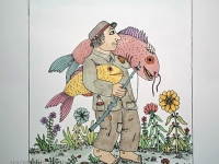 Josip Generalić, 1987, Ribič s dvije ribe (Fisherman with two fishes), oslikani svilotisak (water-coloured silkscreen), 49x35 cm 37x26 cm, JG-L35-01(7) - 400 eur