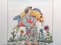 Josip Generalić, 1987, Ribič s dvije ribe (Fisherman with two fishes), oslikani svilotisak (water-coloured silkscreen), 49x35 cm 37x26 cm, JG-L35-02(3) - 400 eur