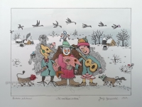 Josip Generalić, 1983, Tri maškare s ribom (Three masquerades with a fish), oslikani svilotisak (water-coloured silkscreen), 37x47 cm 28x39 cm, JG-L45-01(1) - 300 eur