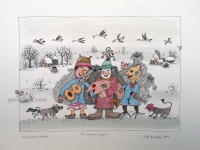 Josip Generalić, 1983, Tri maškare s ribom (Three masquerades with a fish), oslikani svilotisak (water-coloured silkscreen), 40x50 cm 28x39 cm, JG-L45-04(9) - 300 eur