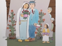 Josip Generalić, 1997, Zaljubljeni mladenci se slikaju (Newlyweds being photographed), oslikani svilotisak (water-coloured silkscreen), 50x35 cm 37x27 cm, JG-L49-06(10) - 400 eur