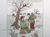 Josip Generalić, 1985, Lovci odmaraju (Hunters are resting), oslikani svilotisak (water-coloured silkscreen), 52x37 cm 38x26 cm, JG-L53-01(5) - 400 eur