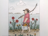 Josip Generalić, 1985, Ribič (Fisherman), oslikani svilotisak (water-coloured silkscreen), 50x35 cm 34x22 cm, JG-L59-03(3) - 400 eur
